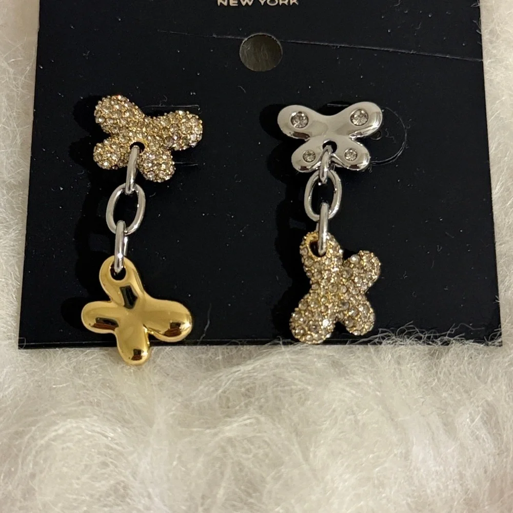 Coach Two-Tone Double Butterfly Drop Earrings Pave Crystal Accents NWT